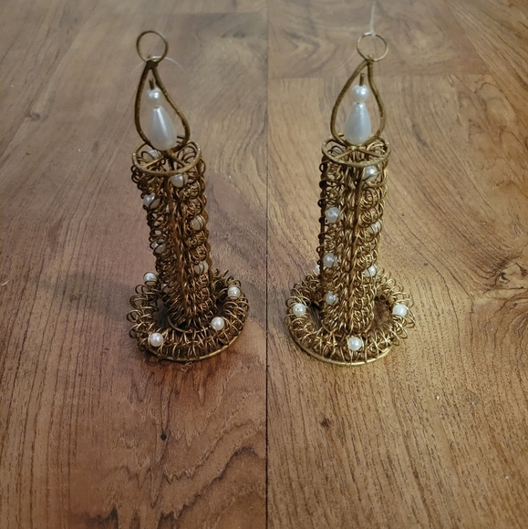 Vintage Gold Wire Candlestick Ornaments With Pearls - Picture 1 of 5
